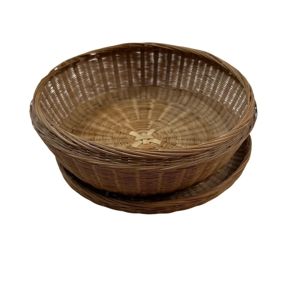Vintage Handmade Round Woven Wicker Basket Lid Natural Brown Boho Storage 9.5in